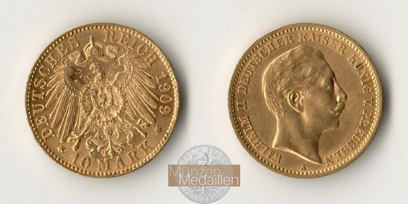 Deutsches Kaiserreich. Preussen. MM-Frankfurt Feingold: 3,58g Wilhelm II. 1888-1918. 10 Mark 1909 A 