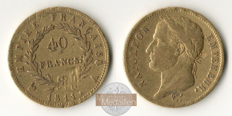 Frankreich, Napolèon I. 1803-1815 KM#696 Feingewicht: 11,62g 40 Francs 1811 A MM-Frankfurt