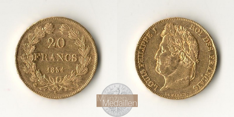 Frankreich MM-Frankfurt Feingewicht: 5,81g 20 Francs 1834 