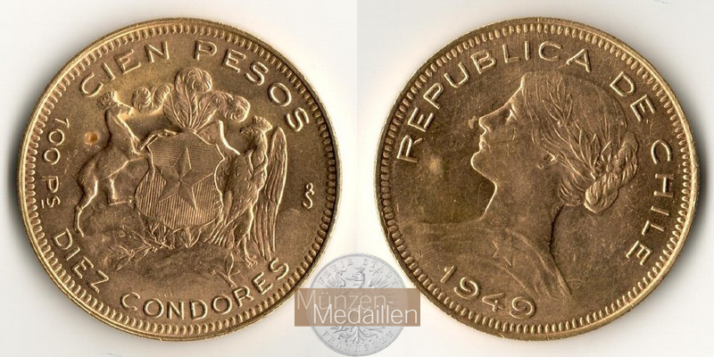 Chile MM-Frankfurt  Feingold: 18,30g 100 Pesos 1949 