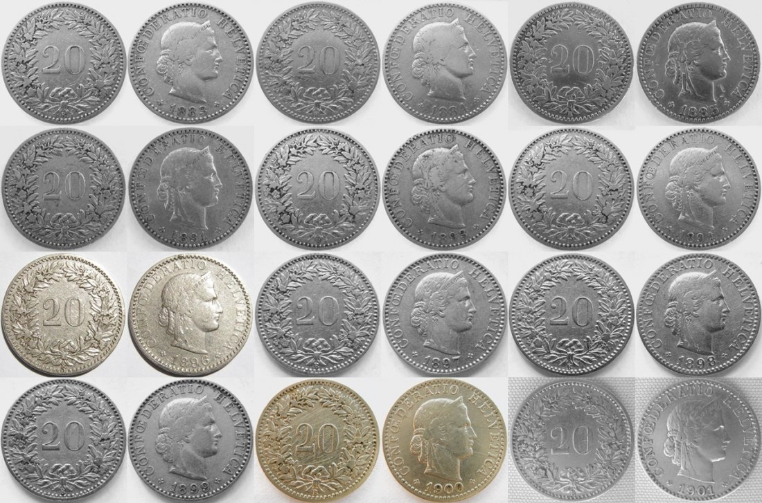  Schweiz, 20 Rappen 1883-1901, 12 Stück   