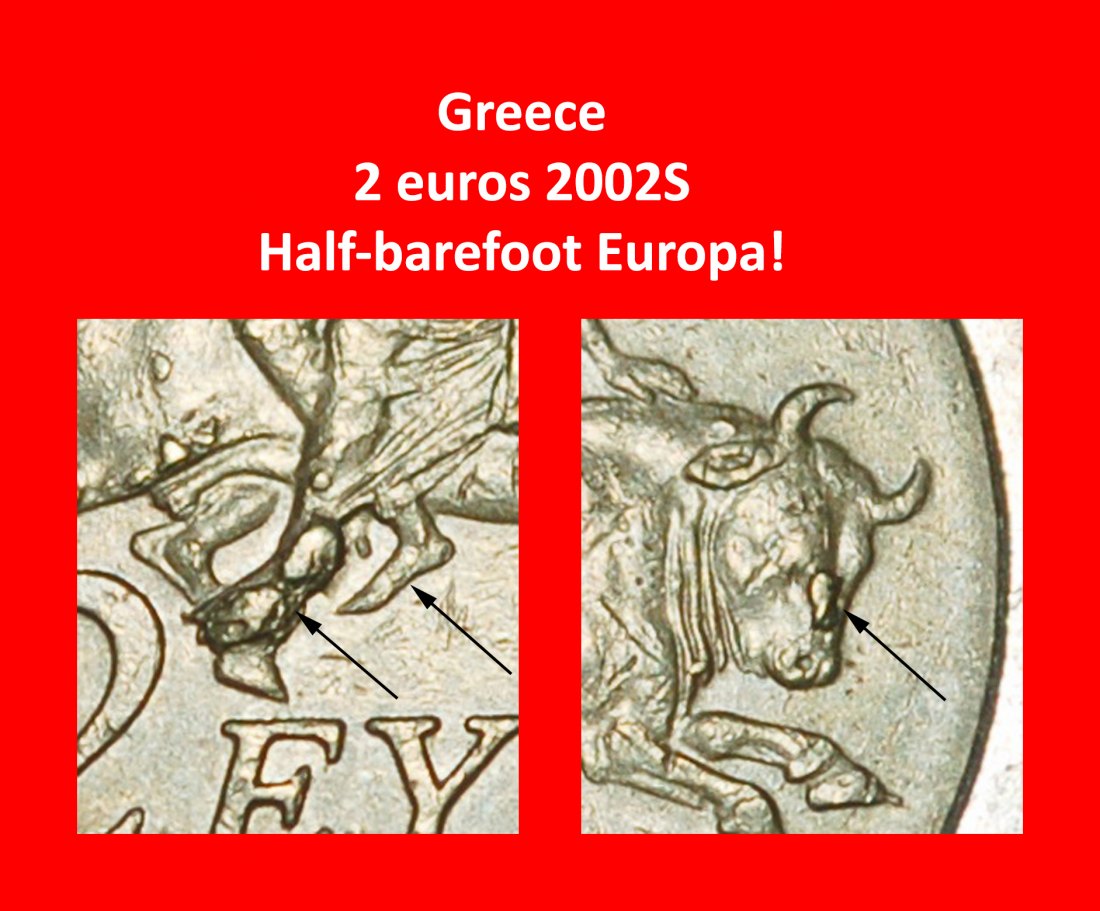  Ⰶ FINLAND (2002-2025): GREECE ★ 2 EUROS 2002S ERROR! HALF-BAREFOOT EUROPA! ★LOW START ★ NO RESERVE!   