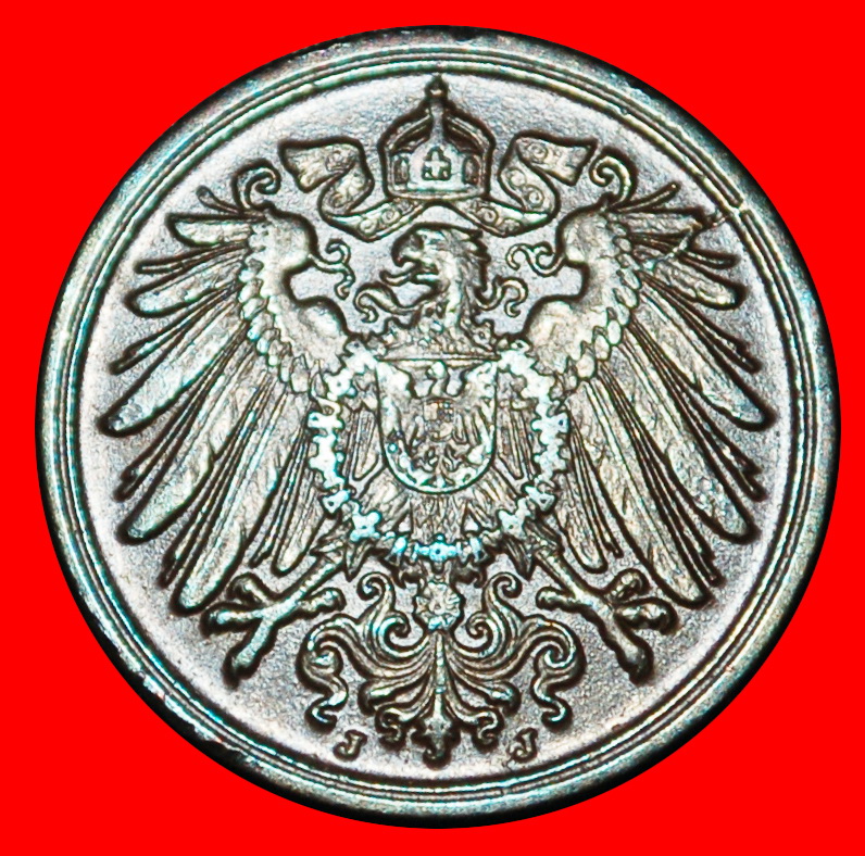  Ⰶ EAGLE 1890-1916: GERMANY★1 PFENNIG 1908J HAMBURG! WILLIAM II 1888-1918★LOW START ★ NO RESERVE!   