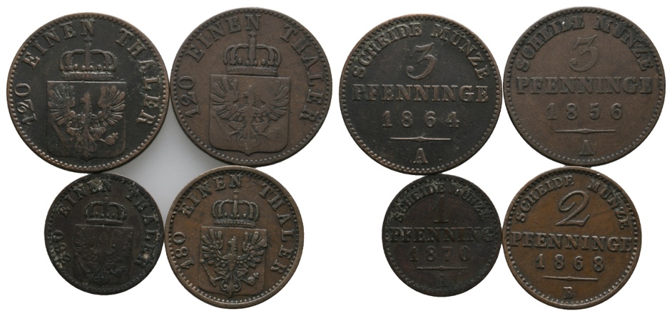  Altdeutschland; 4 Kleinmünzen 1864 / 1856 / 1870 / 1868   