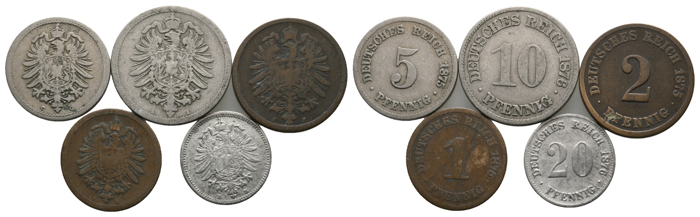  Deutsches Reich; Kaiserreich; 5 Kleinmünzen 1875 / 1876   