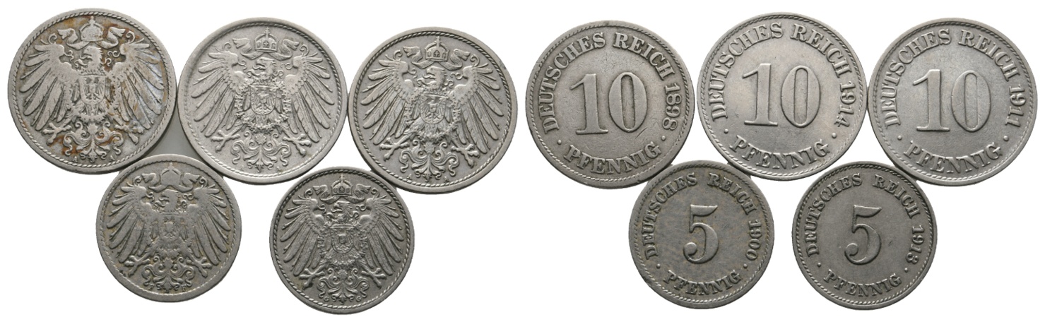  Deutsches Reich; Kaiserreich; 5 Kleinmünzen   
