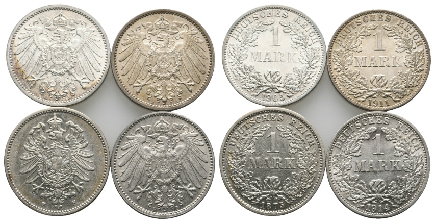  Deutsches Reich; Kaiserreich; 4x 1 Mark 1905 / 1911/ 1875 / 1914   