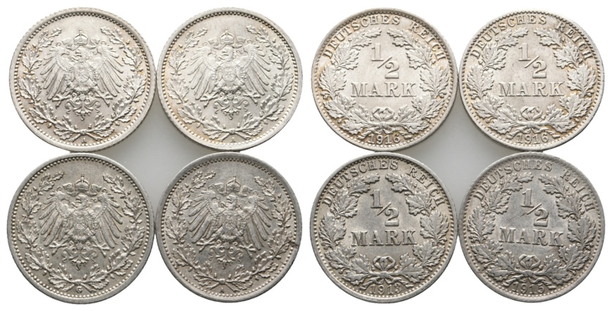  Deutsches Reich; Kaiserreich; 4x 1/2 Mark 1913 / 1915 / 1916   