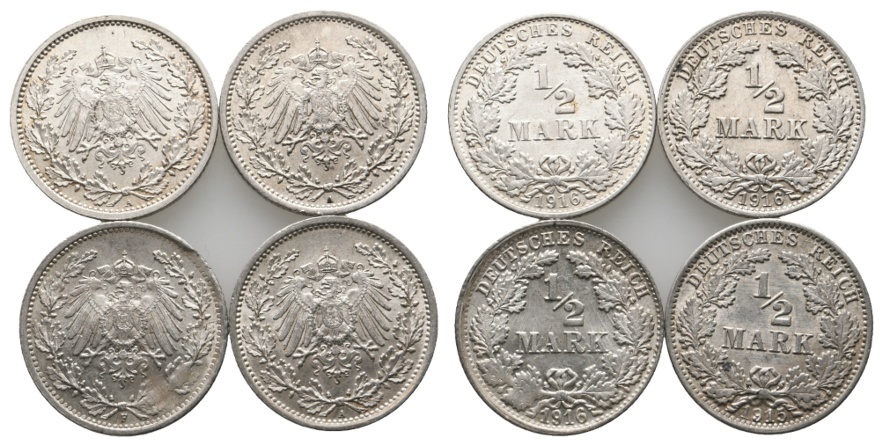  Deutsches Reich; Kaiserreich; 4x 1/2 Mark 1915 / 1916   