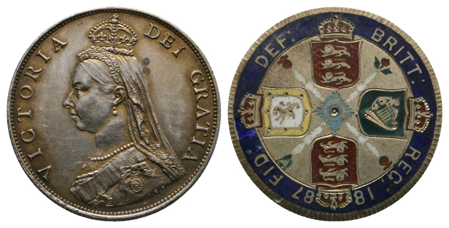 Großbritannien; Doppel-Florin 1887; Rückseite emailiert   