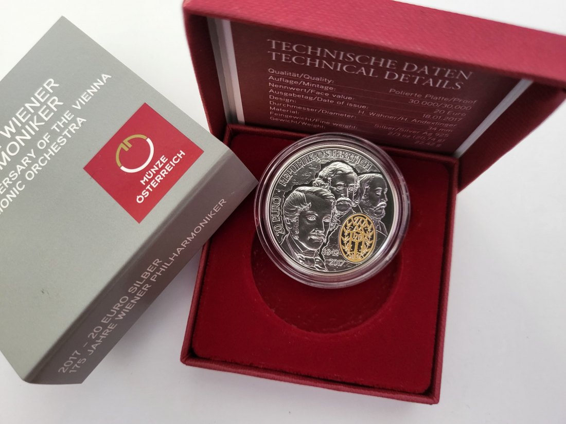  20 Euro 2017 175 Jahre Wiener Philharmoniker 925/20,74g fein silber Österreich Spittalgold9800 (5370   
