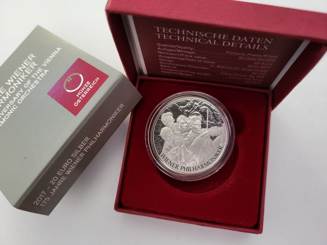  20 Euro 2017 175 Jahre Wiener Philharmoniker 925/20,74g fein silber Österreich Spittalgold9800 (5370   
