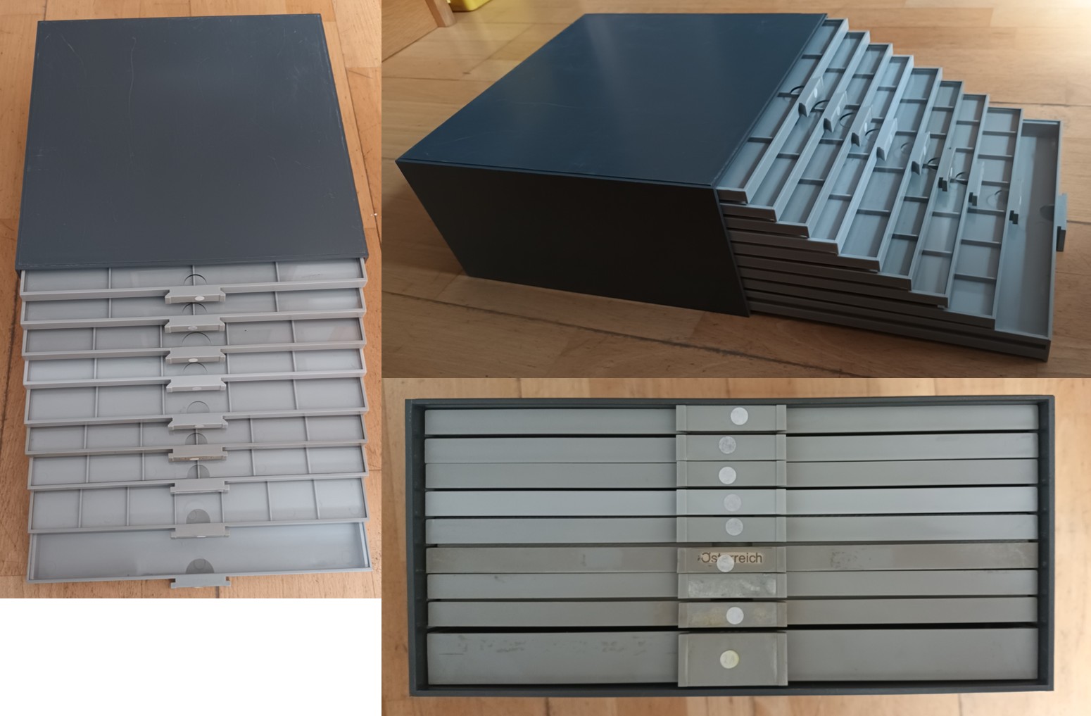  BEBA Maxi; 9 Schubladen mit Abdeckscheiben, gebraucht, mit Kasten   