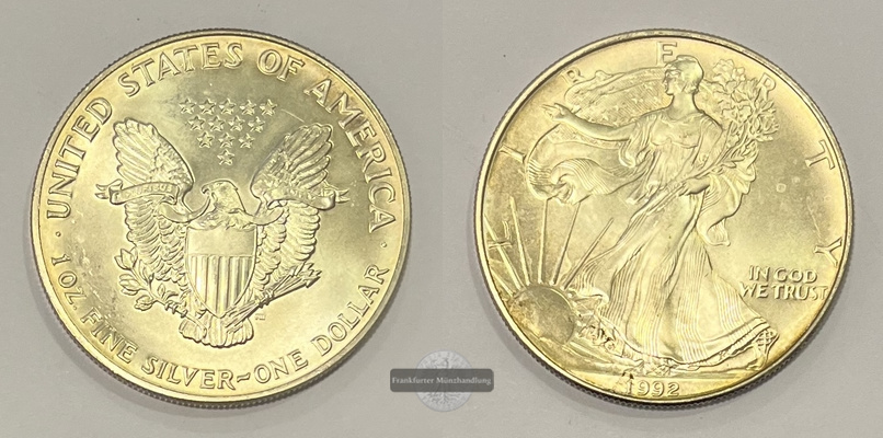 USA 1 Dollar 1992 Walking Liberty FM-Frankfurt KM#273 Feinsilber: 31,1g   