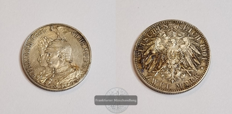  Deutsches Kaiserreich Preussen 1901 2 Mark 200 Jahre Preußen FM-Frankfurt Feinsilber: 10g   