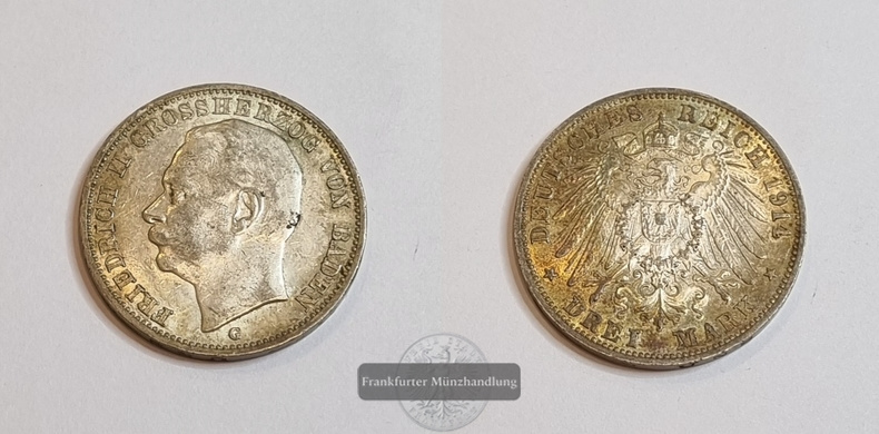  Kaiserreich, Baden  3 Mark  1914 G   Friedrich II. FM-Frankfurt Feinsilber: 15g   