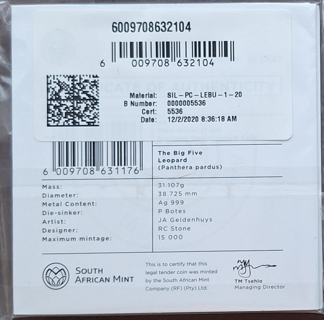  Südafrika, 5 Rand, Big Five Serie I 2020 Leopard ex 15.000   