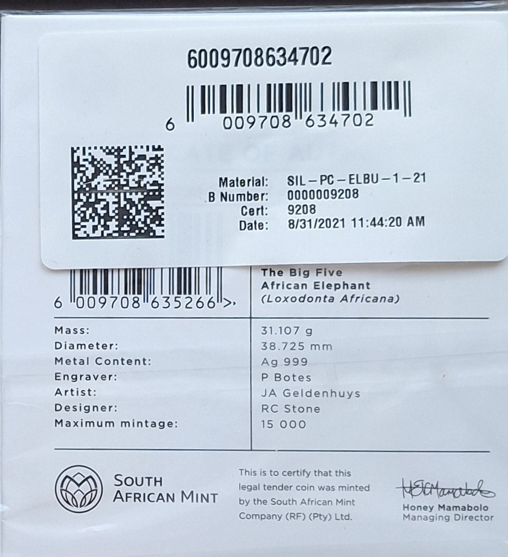  Südafrika, 5 Rand, Big Five Serie II 2021 Elefant ex 15.000   