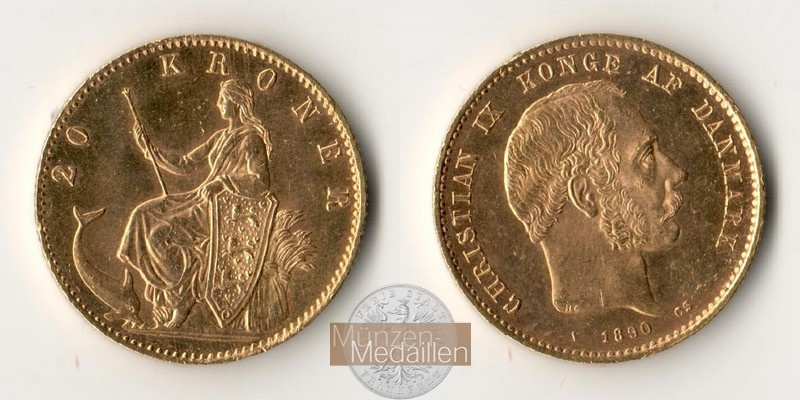 Dänemark, Christian IX MM-Frankfurt KM#791 Feingold: 8,06g 20 Kronen (1873-1900) 1890 
