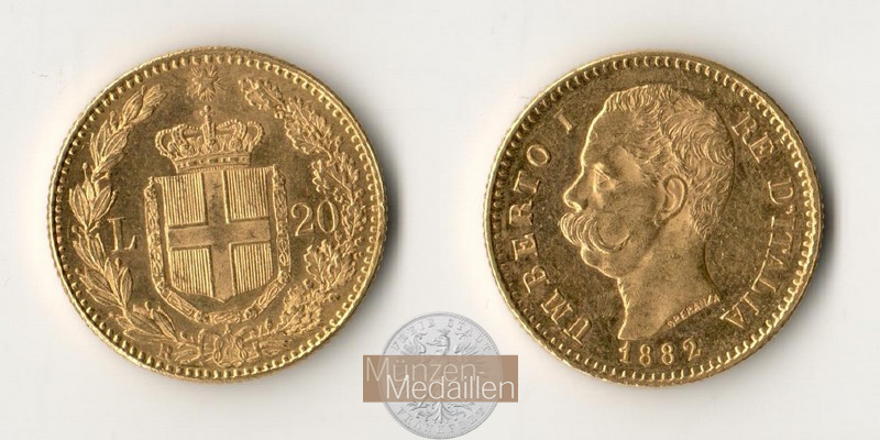 Italien, Umberto I MM-Frankfurt KM#21 Feingold: 5,81g 20 Lire (1879-1897) 1882 R 