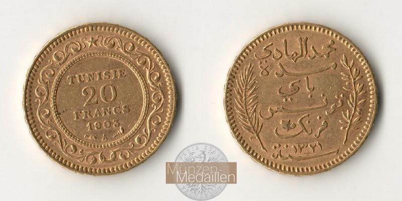Tunesien (Französisches Protektorat) MM-Frankfurt Feingewicht: 5,81g 20 Francs 1903 A 