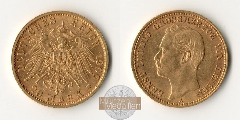 Hessen, Kaiserreich  20 Mark MM-Frankfurt Feingold: 7,17g Grossherzog Ernst Ludwig 1892-1918 1906 A 