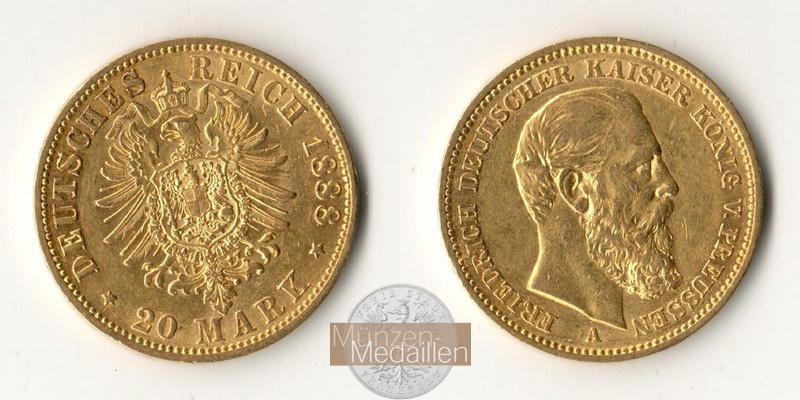 Dt. Kaiserreich Preussen, Friedrich III MM-Frankfurt KM#515 Feingold: 7,17g 20 Mark 1888 A 