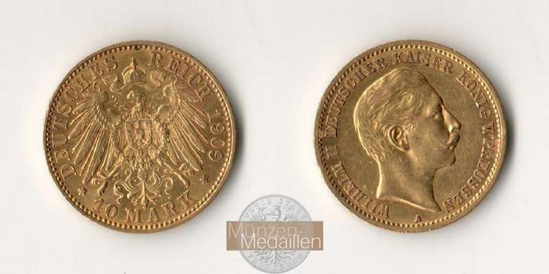 Deutsches Kaiserreich. Preussen. MM-Frankfurt Feingold: 3,58g Wilhelm II. 1888-1918. 10 Mark 1909 A 