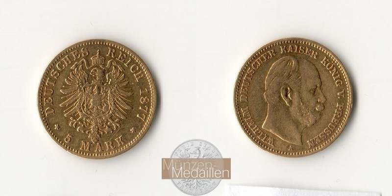 Preussen Kaiserreich, Wilhelm I MM-Frankfurt KM#507 Feingold: 1,79g 5 Mark (1877-1878) 1877 A 