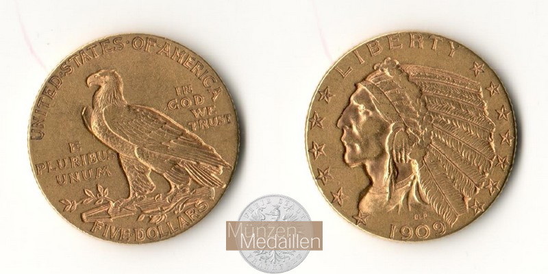 USA  5 Dollar MM-Frankfurt   Feingold: 7,52g Half Eagle - Indian Head 1909 