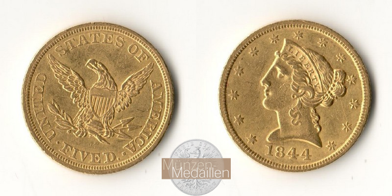 USA  5 Dollar MM-Frankfurt   Feingold: 7,52g Half Eagle 1844 