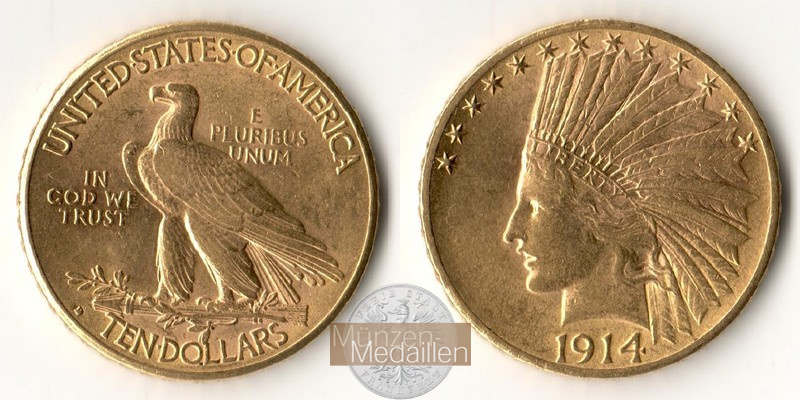 USA  10 Dollar MM-Frankfurt Feingold: 15,05g Eagle Indian Head 1914 