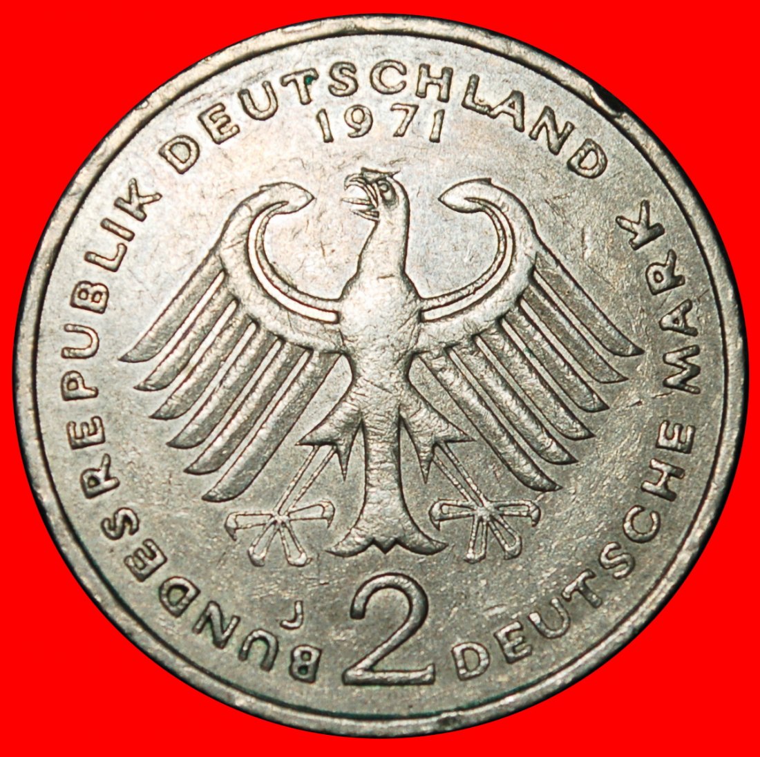  Ⰶ ADENAUER (1876-1967): GERMANY ★ 2 MARKS 1971J I+A+r1! HAMBURG! 1949-1969!★LOW START ★ NO RESERVE!   