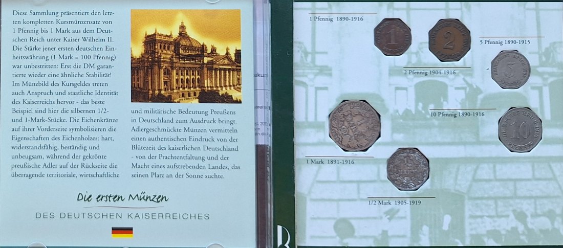  Deutschland Kaiserreich Wilhelm II, 1,2,5+10 Pfennige sowie 1/2+1 Mark Silber 900er   