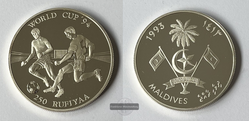  Malediven 1993 250 Rufiyaa Fußball-WM 1994 KM#83 FM-Frankfurt Feinsilber: 29,1g   