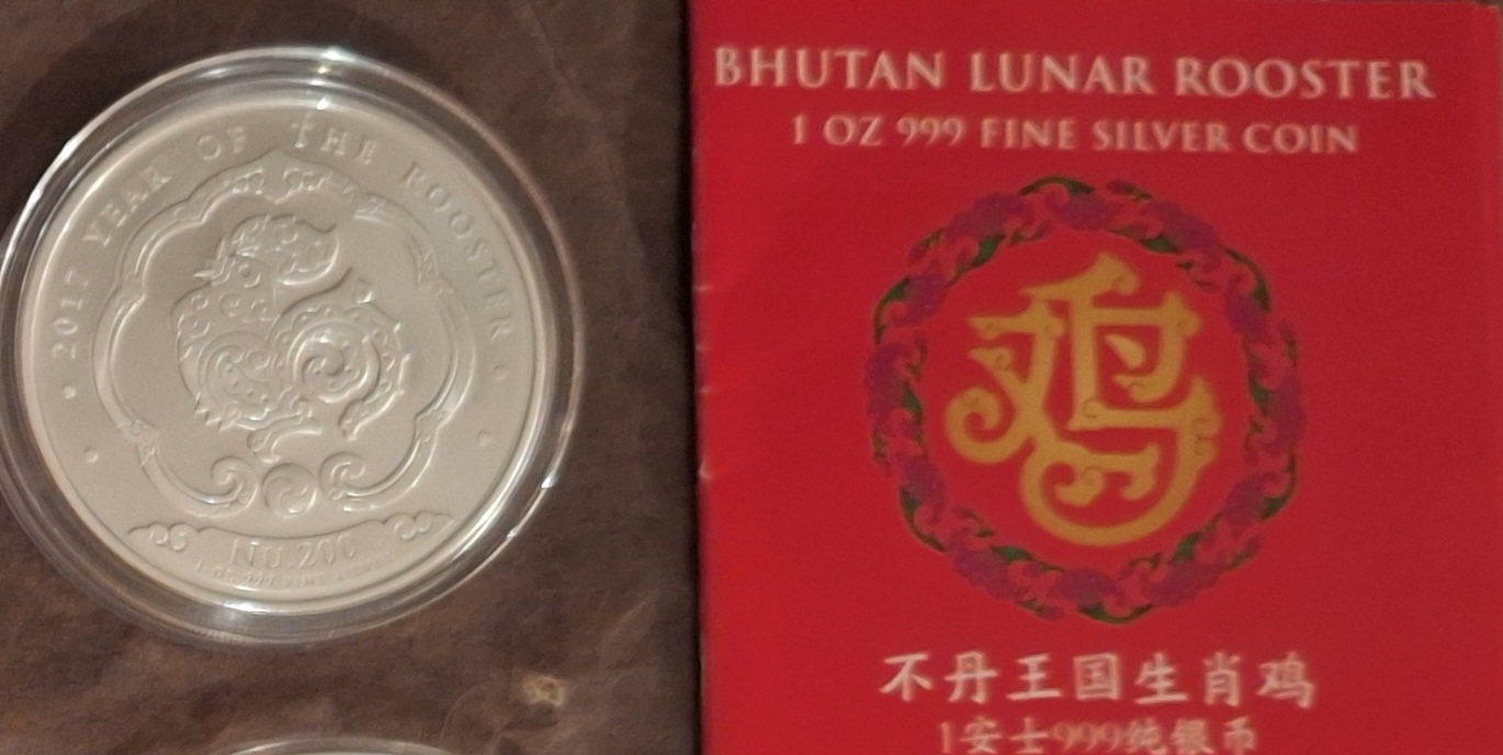  Bhutan,(Ngultrum) NU.200, 2017 Jahr des Hahns, 1oz 999 FINE Silber (in Münzkapsel) mit Zertifikat   
