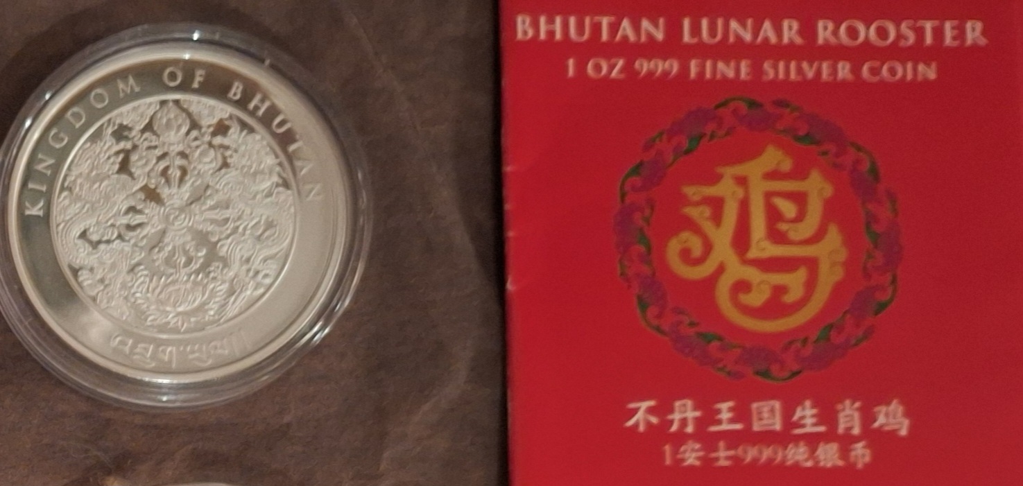  Bhutan,(Ngultrum) NU.200, 2017 Jahr des Hahns, 1oz 999 FINE Silber (in Münzkapsel) mit Zertifikat   