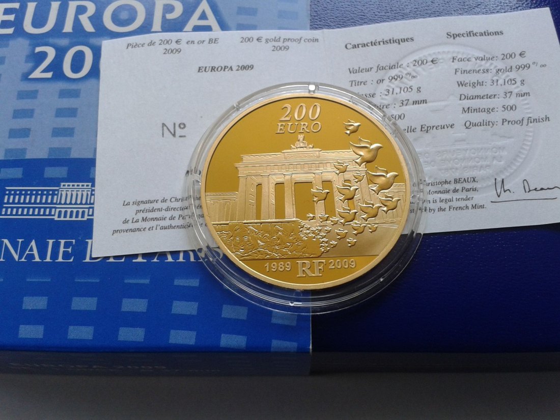  Original 200 euro 2009 PP Frankreich Brandenburger Tor Gold 1 Unze Gold 999er Gold   