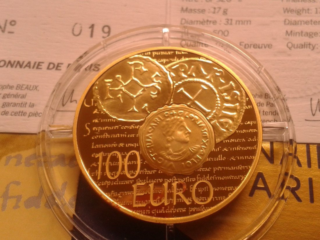 Original 100 euro 2014 PP Frankreich Charles le chauve Gold 17g Gold 920er Gold