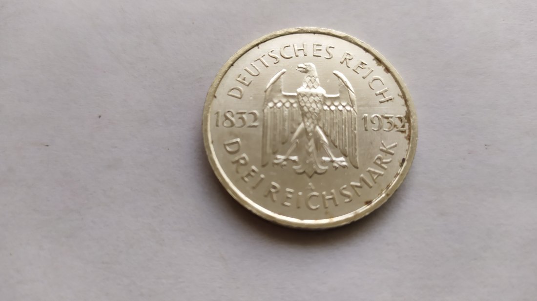  GERMANY.WEIMAR REPUBLIC.3 REICHSMARK 1932 A.CENTENARY-DEATH of GOETHE.UNC   