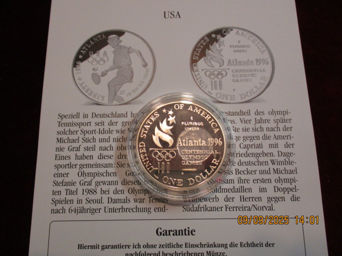  1 Dollar USA 1996 Olympische Spiele 999er Silber 26,73 Gramm   
