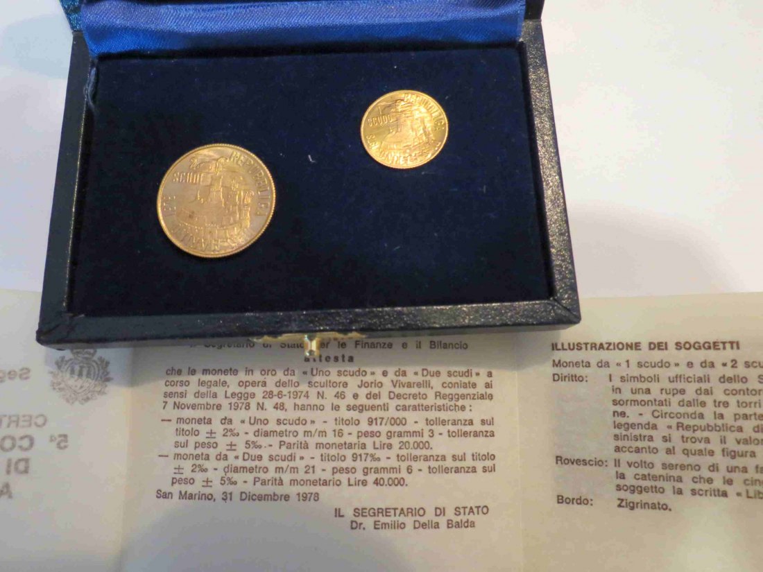  San Marino 1978 GOLD 1 Scudo und 2 Scudi mit Orig.-Etui,Zert.+Umverp.; insgesamt 8,25 Feingold   