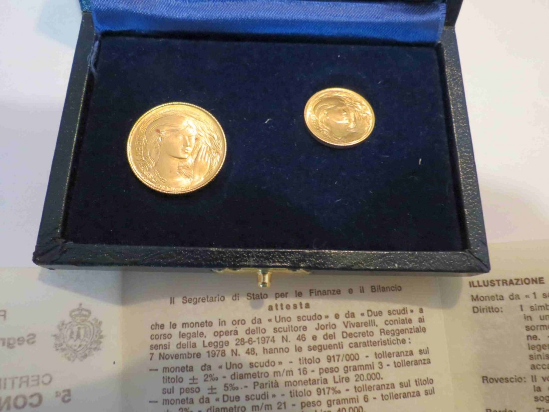  San Marino 1978 GOLD 1 Scudo und 2 Scudi mit Orig.-Etui,Zert.+Umverp.; insgesamt 8,25 Feingold   