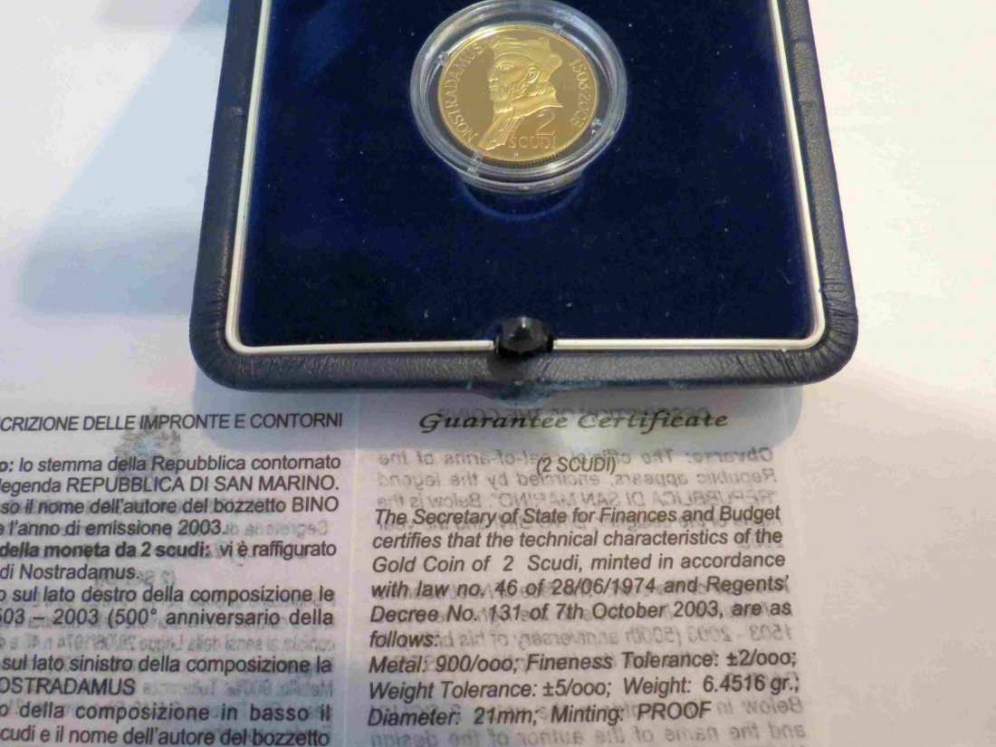  San Marino 500.Jahrestag der Geburt von Nostradamus 2003; Feingold 5,81 Gramm, im Original-Etui   