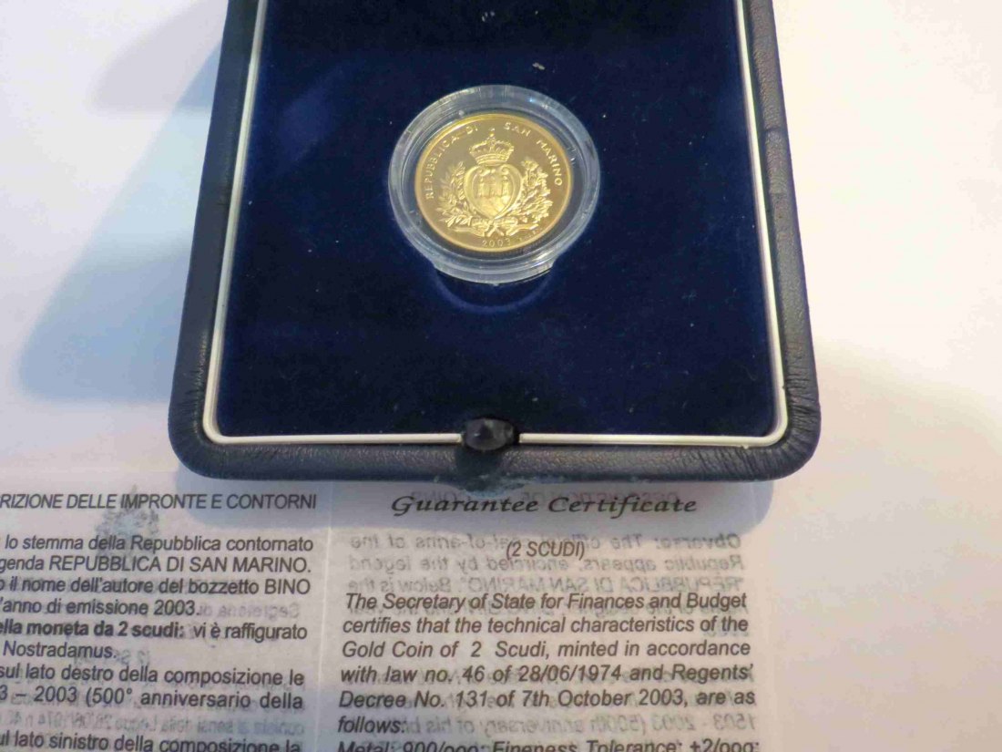  San Marino 500.Jahrestag der Geburt von Nostradamus 2003; Feingold 5,81 Gramm, im Original-Etui   