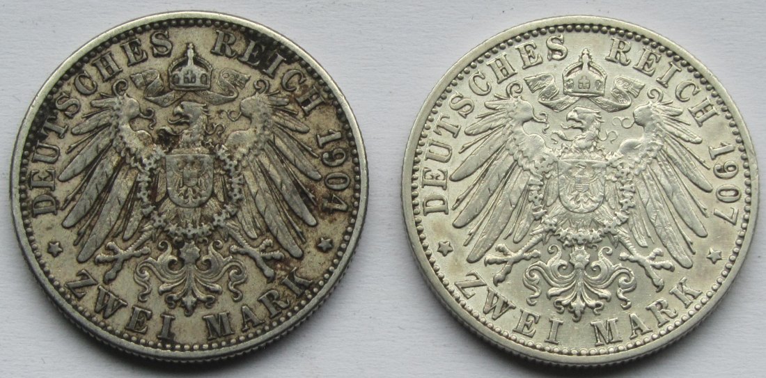  Kaiserreich: Baden, 2 Mark Friedrich I. (Jaeger 32), 2 Stück (1904 + 1907)   