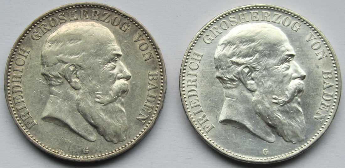  Kaiserreich: Baden, 5 Mark Friedrich I. (Jaeger 33), 2 Stück (1904 + 1907)   
