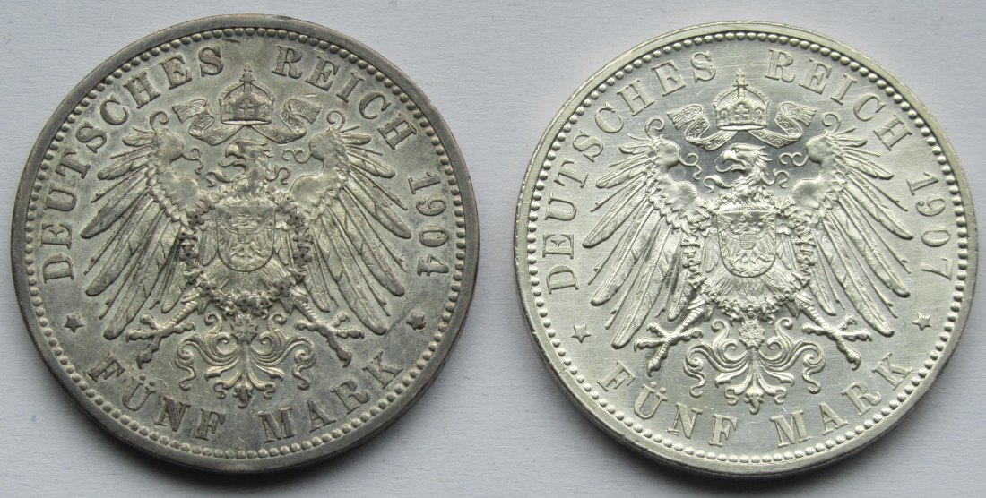  Kaiserreich: Baden, 5 Mark Friedrich I. (Jaeger 33), 2 Stück (1904 + 1907)   