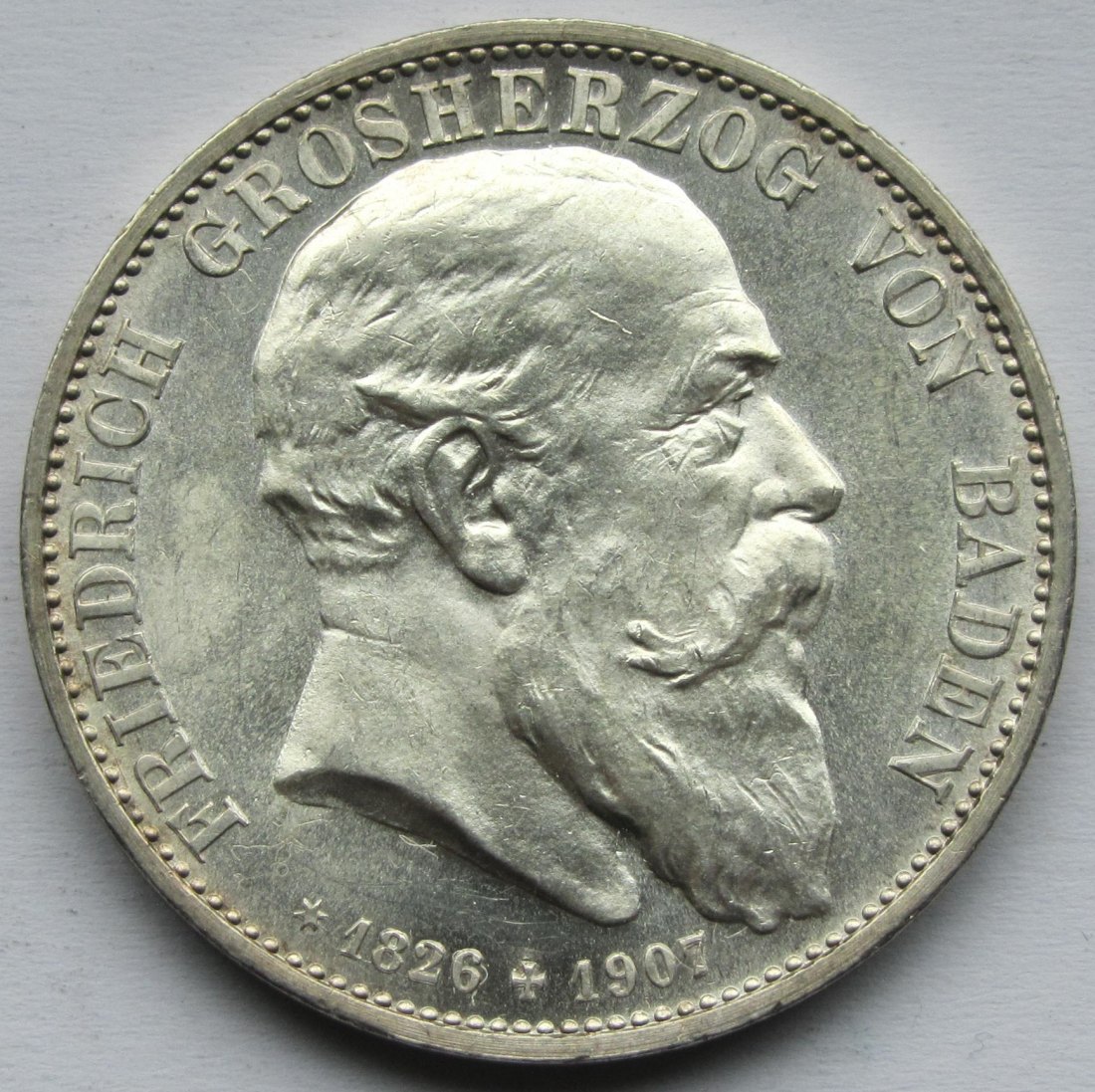 Kaiserreich: Baden, 5 Mark Friedrich I. auf den Tod (Jaeger 37), 1907   
