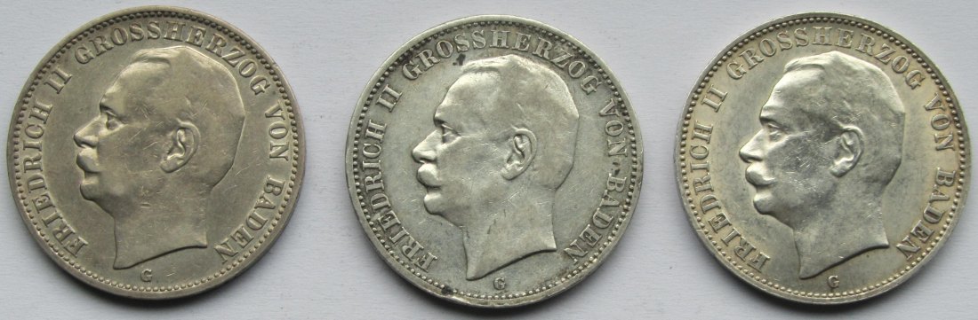  Kaiserreich: Baden, 3 Mark Friedrich II. (Jaeger 39), 3 Stück (1909 + 1911 + 1912)   